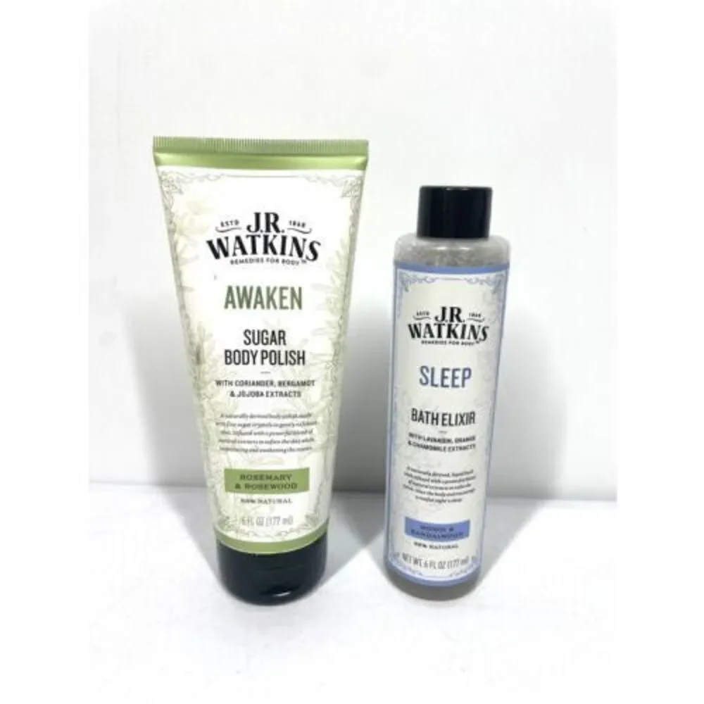 JR Watkins AWAKEN Sugar Body Polish Natural Scrub & SLEEP Bath Elixir 6oz Ea New